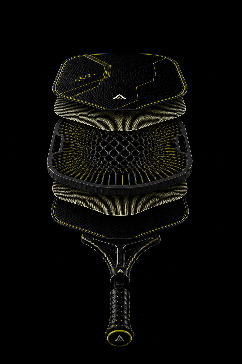 Exploded AXION VectorCell 16 V3 paddle showing two carbon faces, stabilizing layers, the zoned VectorCell PP core, integrated support, carbon unibody, performance grip, and butt cap.